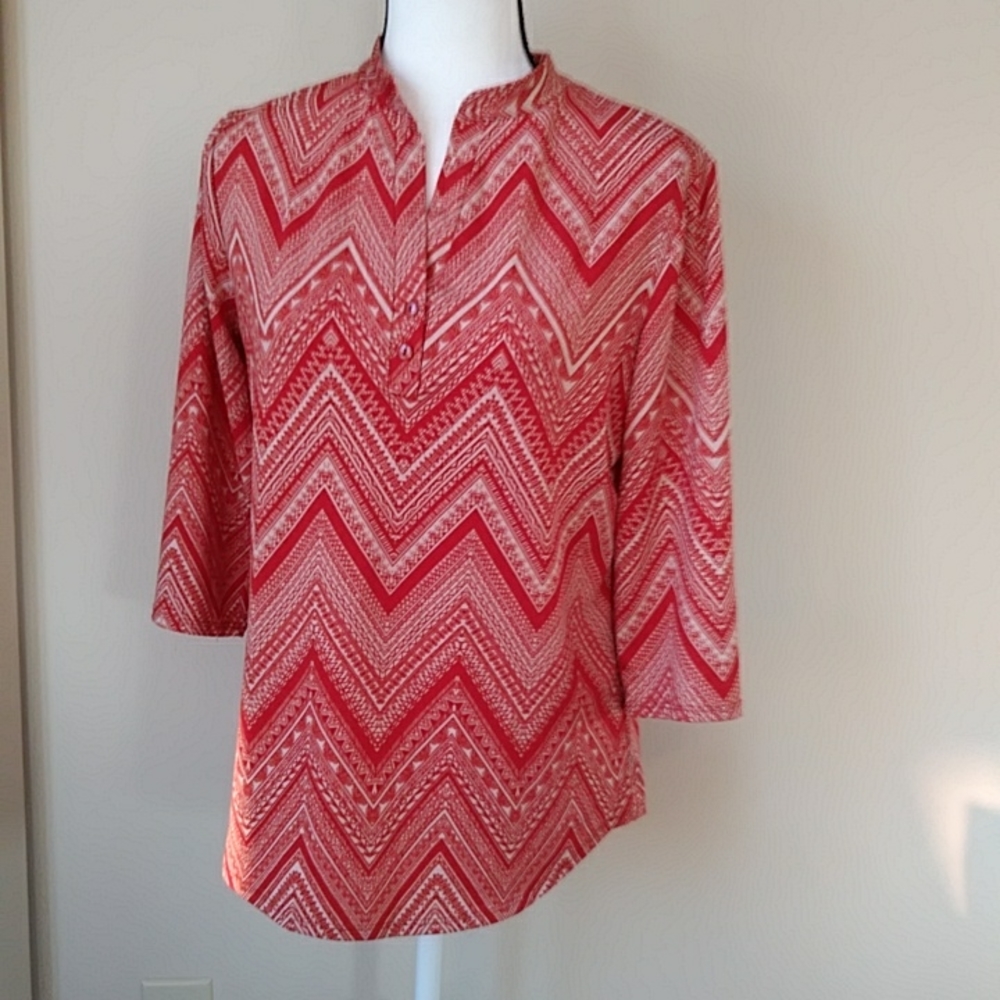 Carol Rose Zig Zag Mandarin Collar Top M Orange Red Cream
